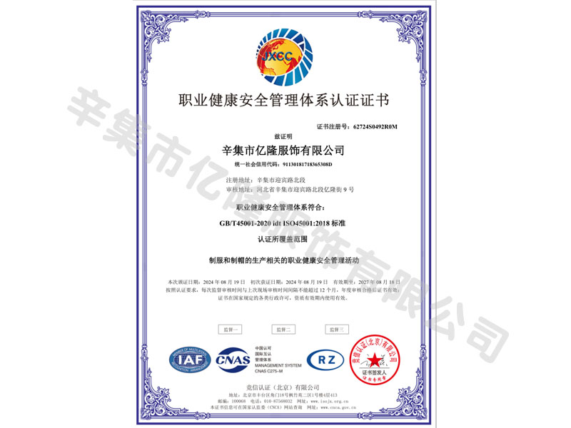 ISO45001职业健康安全管理体系认证证书